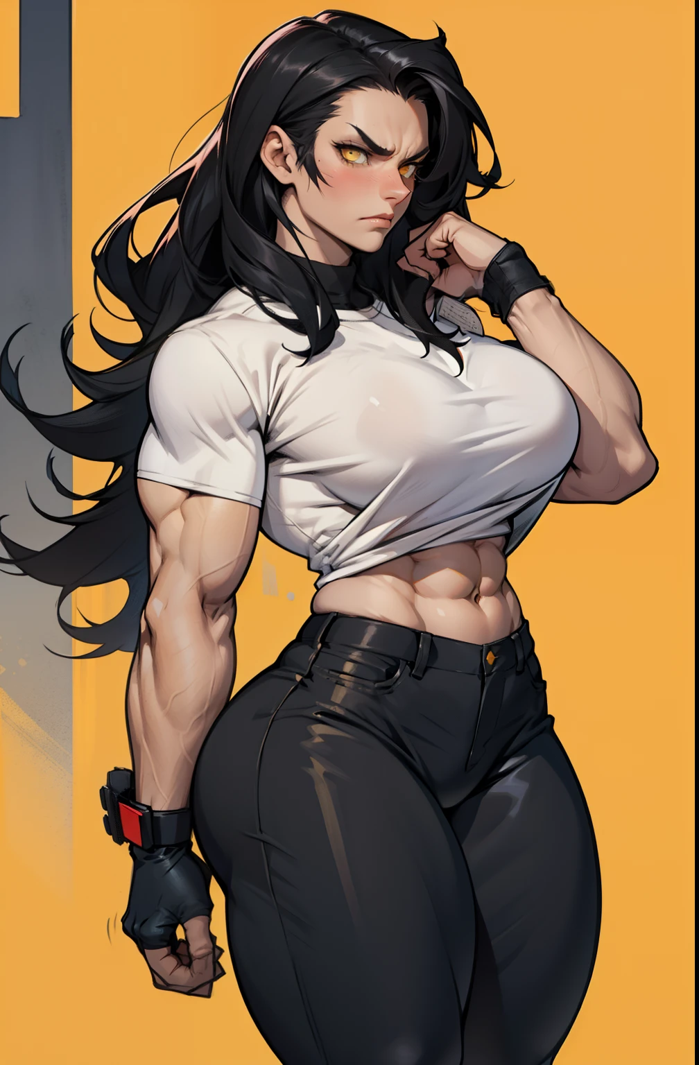 ((1 girl)), extremely long hair, solo, (((muscular))), veins, black hair, yellow eyes, blushing, thick thighs, pale skin, strong, veins, abs, big thighs, huge breasts, navel, standing, angry, tight pants, tight shirt