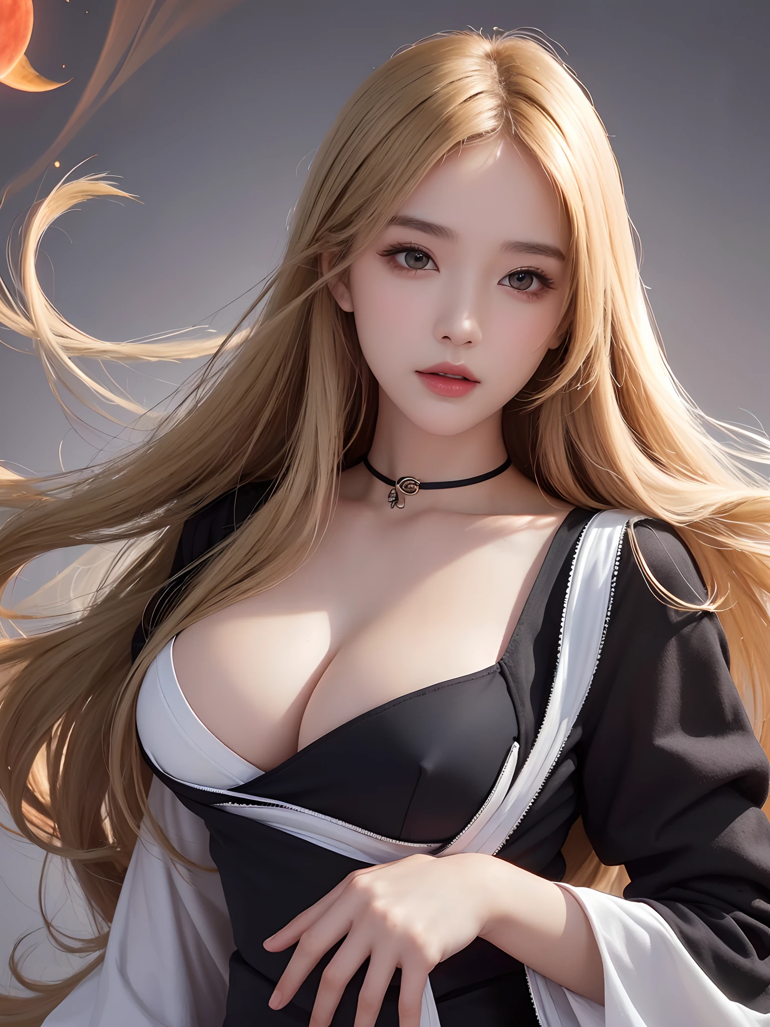 tmasterpiece, Best picture quality, high high quality, beuaty girl, chineseidol, chinese school girl, Popular makeup, A detailed, Swollen eyes, Detailed eyes, Detailed skins, Beautiful skins, 超A high resolution, (Realistis: 1.4), is very beautiful, Slightly younger face, Beautiful skins, Slim, (Ultra photo realsisim), (illustratio), (A high resolution), (8K), (highly detailed), (Most Best Illustration), (eyes in beautiful detail), (ultra-detailliert), (the wallpaper), Open chest and breasts,(A detailed的脸), looking at viewert, finely detailled,A detailed的脸,pureerosfaceace_V1,ssmile,Staring straight ahead,Staring straight ahead,The angle of the waist up,photograph of-realistic,Bright lights,profesional lighting,blond hairbl,long whitr hair,Dark ruins,Big Red Moon,Gorgeous red and black dress,Mature woman,Long fashion bangs,Kissing shooting,