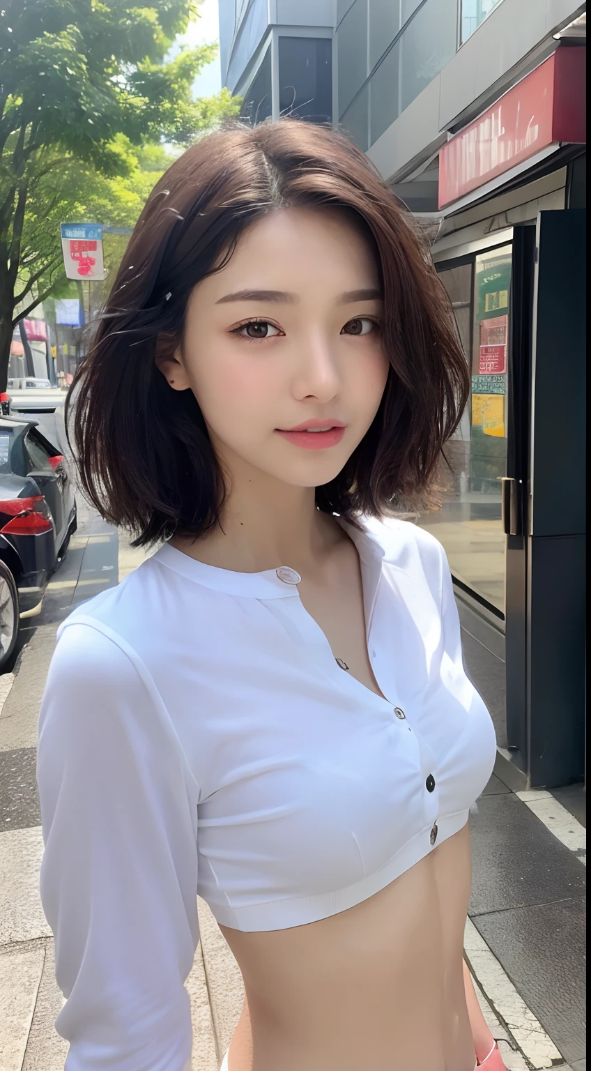 ((Best Quality, 8K, Masterpiece: 1.3)), Sharp: 1.2, Perfect Body Beauty: 1.4, Slim Abs: 1.2, ((Layered Haircut, Medium Breasts: 1.2)), (Slim White Button Long Shirt: 1.1), City Street: 1.2, Highly Detailed Facial and Skin Texture, Delicate Eyes, Double Eyelids