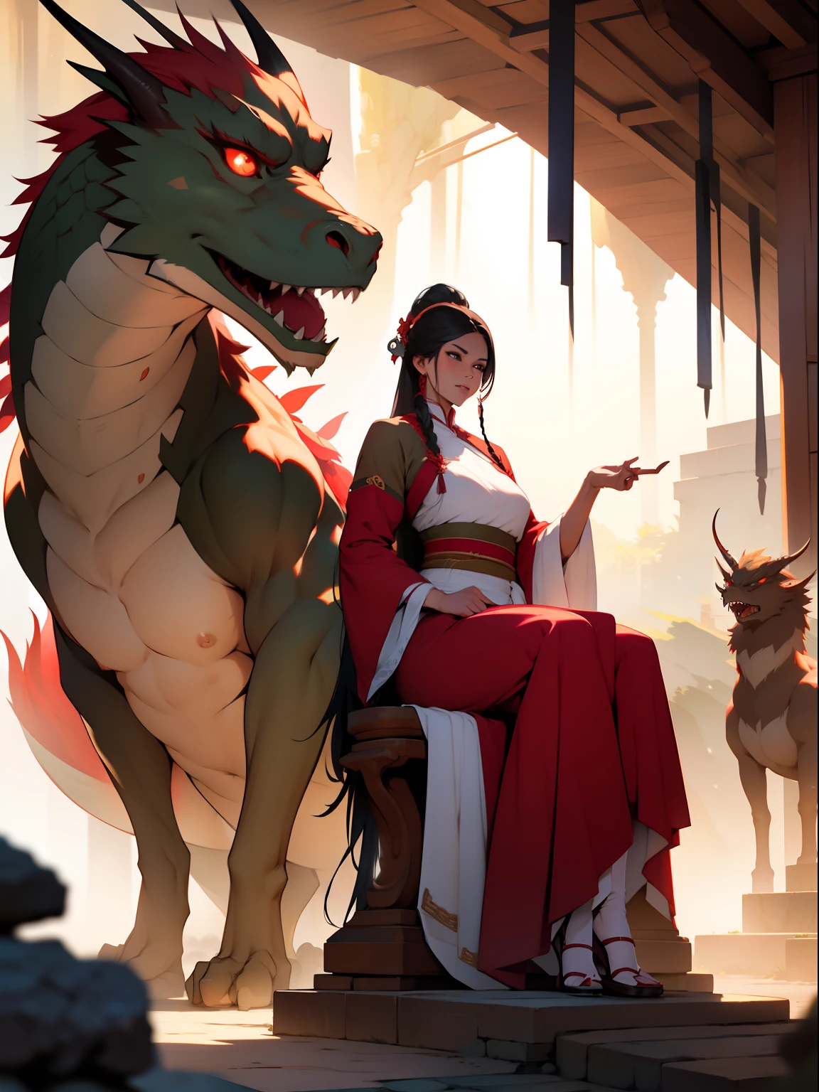 NSFW, obra-prima, melhor qualidade, ultra-detalhado, semi-realista, detailedfacialfeatures, 2 mulheres maduross,usando roupa hanfu negra antiga wuxia,cabelos compridos vermelhos,olhos escuros,Seita Marcial Elder Battalion Estilo Roupas Femininas, seios grandes,olhar arrogante mulher madura sensual,majo,sitting on a throne that looks like a dragon,Crimson Dragon Sect Leader