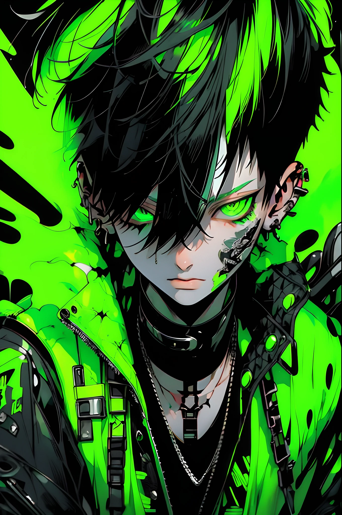 boy, white green hair, cool black open short jacket, tatoos, messy fade cut hair, crazy, on futuristic neon night street background,