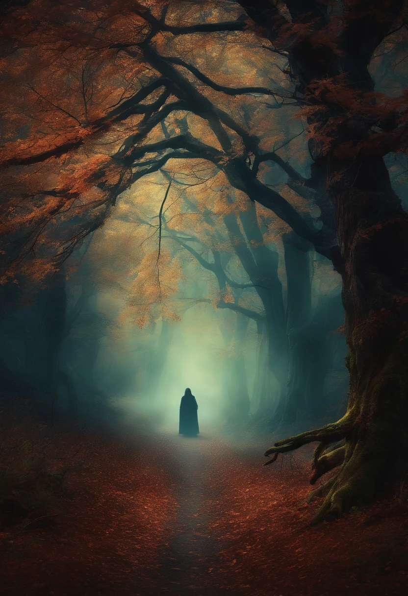 (best quality,4k,8k,highres,masterpiece:1.2),ultra-detailed,(realistic,photorealistic,photo-realistic:1.37),haunted woods,mystical feeling,ominous,enchanted forest,dark shadows,mysterious fog,ancient trees,twisted branches,gloomy atmosphere,ethereal glow,silhouettes of creatures,dappled moonlight,whispering winds,Eldritch magic,haunting spirits,unearthly presence,ghostly apparitions,eerie sounds,crunching leaves underfoot,tangled vines,shimmering mist,enchanted whispers,distant howls,ominous silence,spiderwebs glistening with dew,moonlit path,hidden secrets,lost souls wandering,Limbo realm,void between worlds,senses heightened,heart pounding,thrilling anticipation,supernatural aura,uncanny stillness,dark rituals,otherworldly energy,cloaked figures,whispering trees,occult symbols,haunting echoes