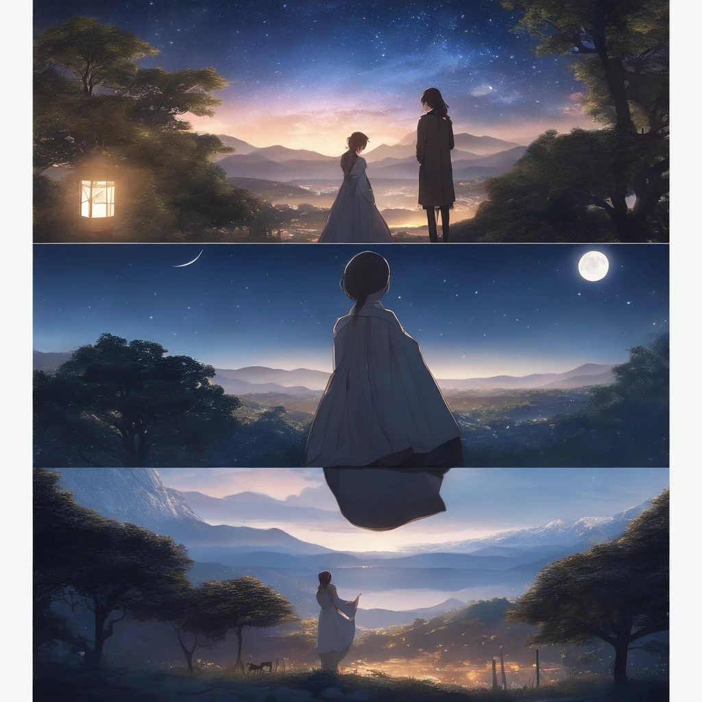 Highly concentrated beauty,Through the sky, Starry Moon Painting, concept art inspired by Tosa Mitsuoki, Pixiv competition winner, Best quality, Fantasy art, beautiful anime scenes, A bright moon, Starry sky environment in moonlight, Dream painting, Anime background art, dream scenery art, Fantastic night, anime backgrounds, background artwork, dreamlike art, Atmospheric anime, Starry sky, Detail enhancement.