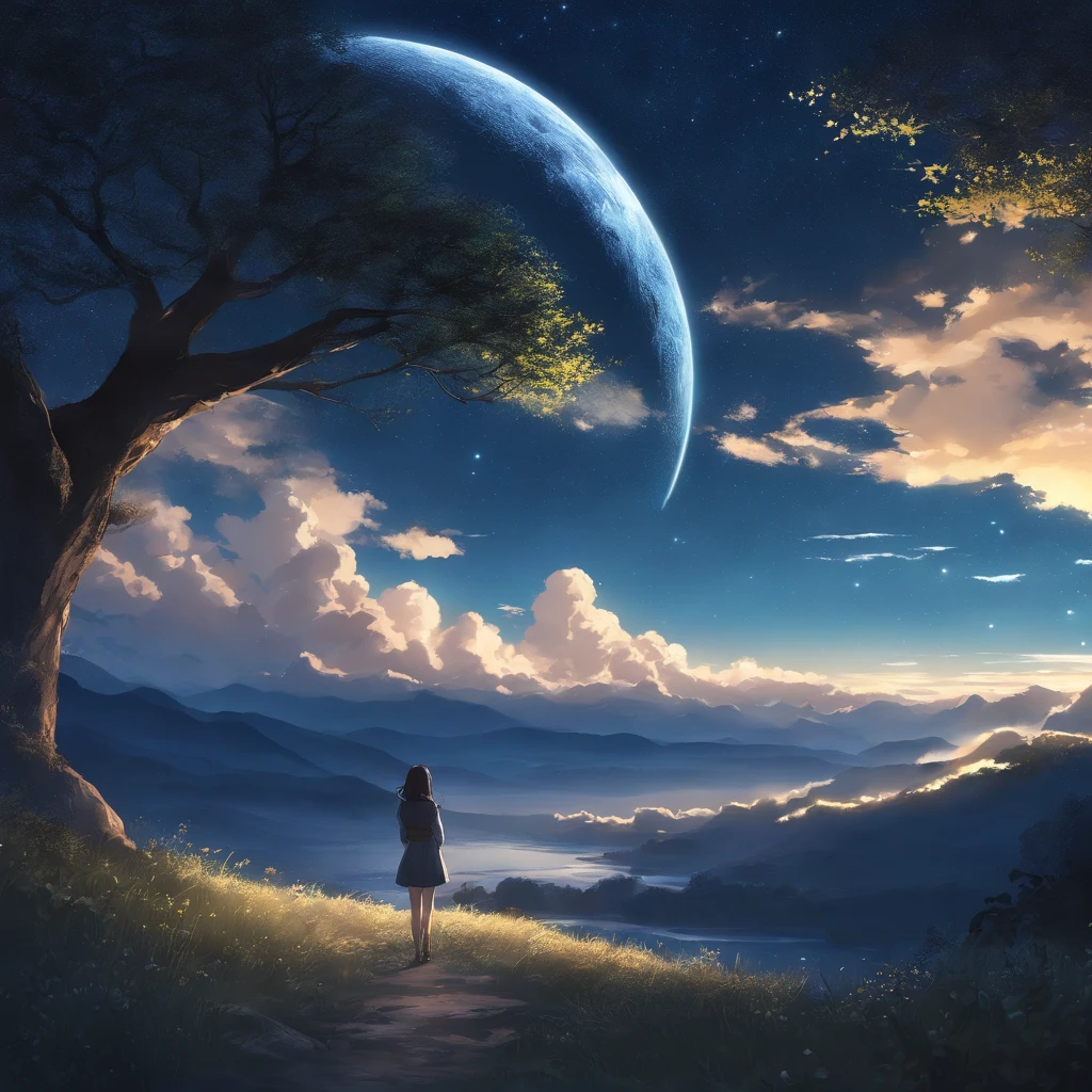 Highly concentrated beauty,Through the sky, Starry Moon Painting, concept art inspired by Tosa Mitsuoki, Pixiv competition winner, Best quality, Fantasy art, beautiful anime scenes, A bright moon, Starry sky environment in moonlight, Dream painting, Anime background art, dream scenery art, Fantastic night, anime backgrounds, background artwork, dreamlike art, Atmospheric anime, Starry sky, Detail enhancement.