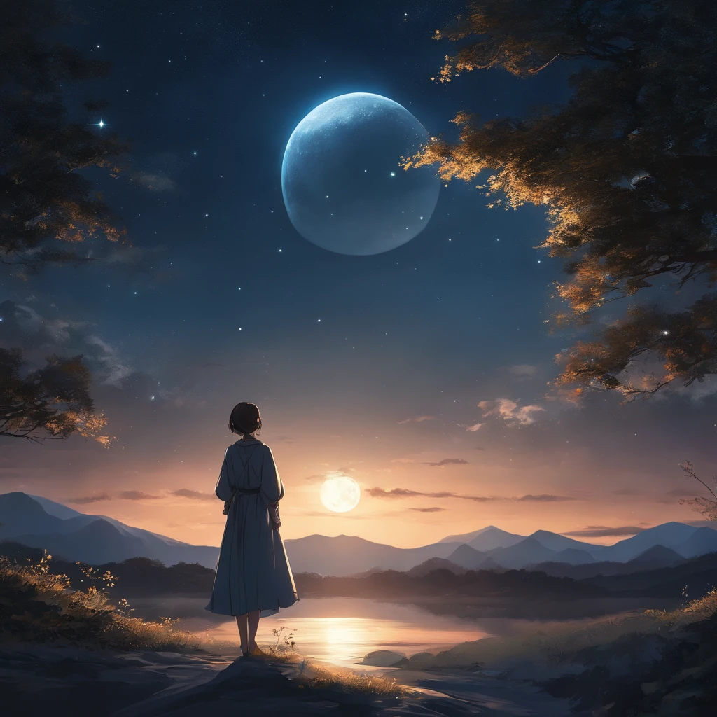 Highly concentrated beauty,Through the sky, Starry Moon Painting, concept art inspired by Tosa Mitsuoki, Pixiv competition winner, Best quality, Fantasy art, beautiful anime scenes, A bright moon, Starry sky environment in moonlight, Dream painting, Anime background art, dream scenery art, Fantastic night, anime backgrounds, background artwork, dreamlike art, Atmospheric anime, Starry sky, Detail enhancement.