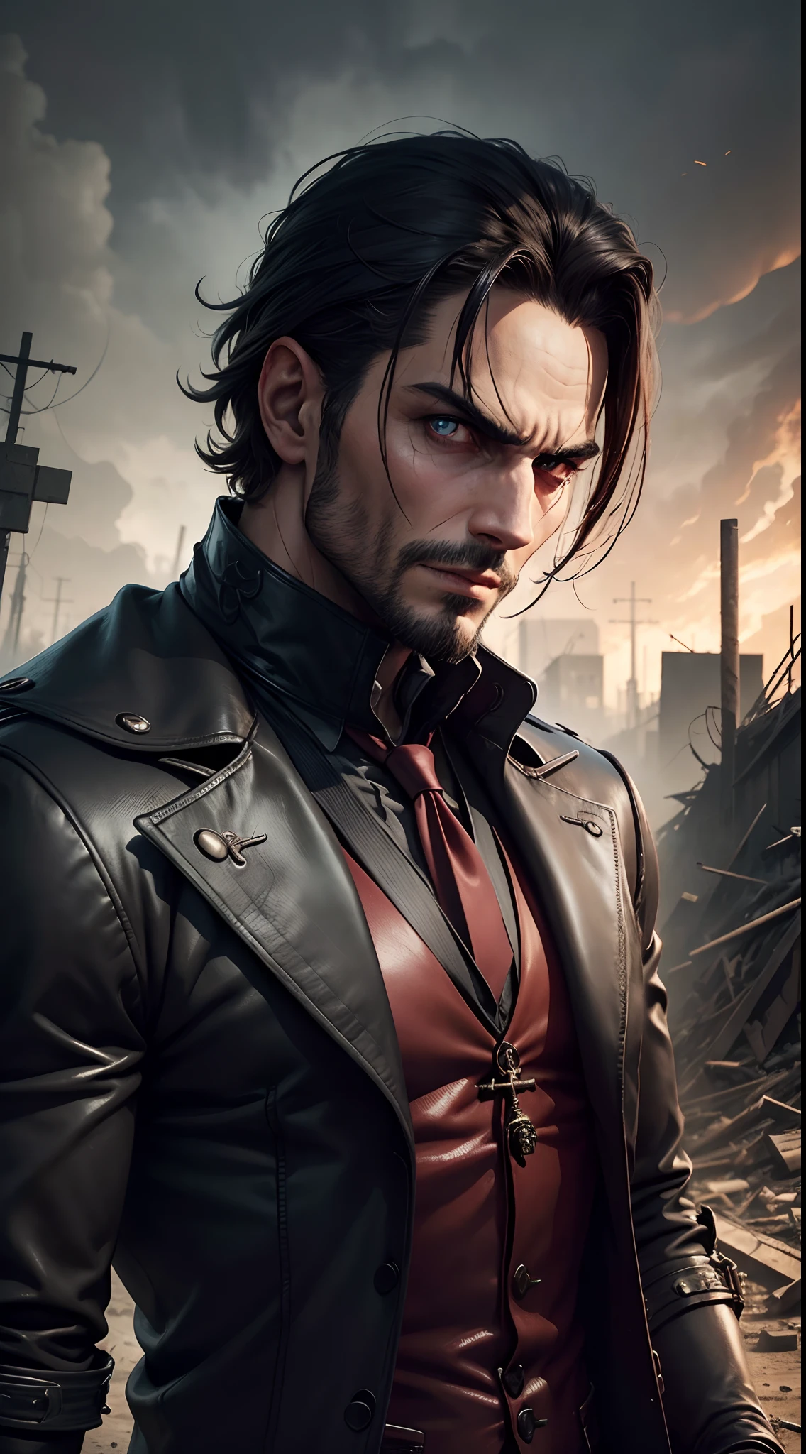 Anticristo, HOMEM DE TERNO, diabolical look, in an apocalyptic place