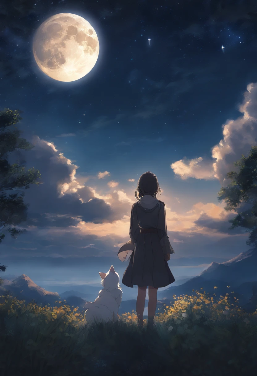 Highly concentrated beauty,Through the sky, Starry Moon Painting, concept art inspired by Tosa Mitsuoki, Pixiv competition winner, Best quality, Fantasy art, beautiful anime scenes, A bright moon, Starry sky environment in moonlight, Dream painting, Anime background art, dream scenery art, Fantastic night, anime backgrounds, background artwork, dreamlike art, Atmospheric anime, Starry sky, Detail enhancement.