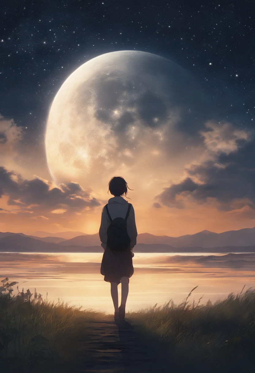 Highly concentrated beauty,Through the sky, Starry Moon Painting, concept art inspired by Tosa Mitsuoki, Pixiv competition winner, Best quality, Fantasy art, beautiful anime scenes, A bright moon, Starry sky environment in moonlight, Dream painting, Anime background art, dream scenery art, Fantastic night, anime backgrounds, background artwork, dreamlike art, Atmospheric anime, Starry sky, Detail enhancement.