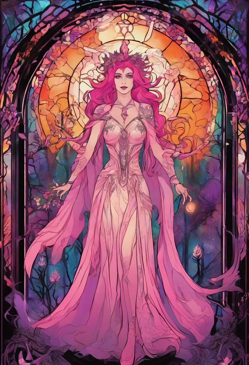 (a pink-haired demon woman,spells:1.1,glowing:1.1)(illustration)(best quality,ultra-detailed,realistic:1.37),demonic witch(demonic:1.1)(magic:1.1)(forest)(dark and mysterious,ominous atmosphere),casting powerful spells,creating magical energy(magic:1.1),vibrant pink hair(swirling pink hair)(flowing pink hair),horns(devil horns:1.1),piercing red eyes,enchanted scepter(magical scepter),elaborate dark robe,glowing magical sigils,fiery embers swirling(magical embers:1.1)(glowing embers),magical aura(glowing aura),eerie shadows,otherworldly presence(presence),sinister smile,nightfall in the background(dark night:1.1)(moonlit forest),lush and dense foliage(twisted trees)(mystical plants:1.1),mystical particles(swirling particles)(floating particles),ethereal glow(ethereal:1.1)(soft glow),faint moonlight breaking through the trees,haunting and captivating(scary atmosphere),bewitching beauty,wide range of colors(vivid colors)(contrasting colors),mystical realm,impressive details,dynamic composition,mesmerizing artwork,photorealistic style(picasso style),impressive shading and lighting,explosive energy,magical atmosphere(fantasy atmosphere),dreamlike scene