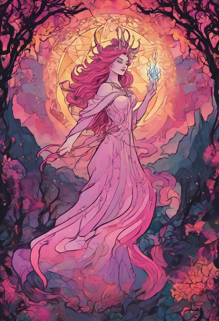 (a pink-haired demon woman,spells:1.1,glowing:1.1)(illustration)(best quality,ultra-detailed,realistic:1.37),demonic witch(demonic:1.1)(magic:1.1)(forest)(dark and mysterious,ominous atmosphere),casting powerful spells,creating magical energy(magic:1.1),vibrant pink hair(swirling pink hair)(flowing pink hair),horns(devil horns:1.1),piercing red eyes,enchanted scepter(magical scepter),elaborate dark robe,glowing magical sigils,fiery embers swirling(magical embers:1.1)(glowing embers),magical aura(glowing aura),eerie shadows,otherworldly presence(presence),sinister smile,nightfall in the background(dark night:1.1)(moonlit forest),lush and dense foliage(twisted trees)(mystical plants:1.1),mystical particles(swirling particles)(floating particles),ethereal glow(ethereal:1.1)(soft glow),faint moonlight breaking through the trees,haunting and captivating(scary atmosphere),bewitching beauty,wide range of colors(vivid colors)(contrasting colors),mystical realm,impressive details,dynamic composition,mesmerizing artwork,photorealistic style(picasso style),impressive shading and lighting,explosive energy,magical atmosphere(fantasy atmosphere),dreamlike scene