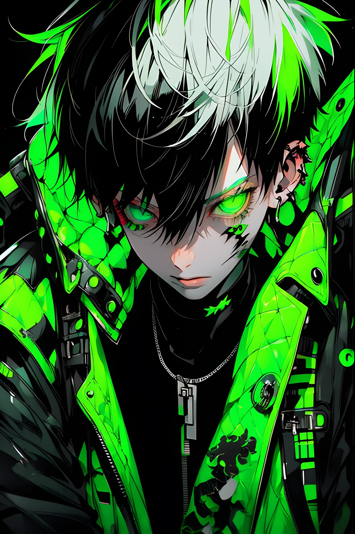 boy, white green hair, cool black open short jacket, tatoos, messy fade cut hair, crazy, on futuristic neon night street background,