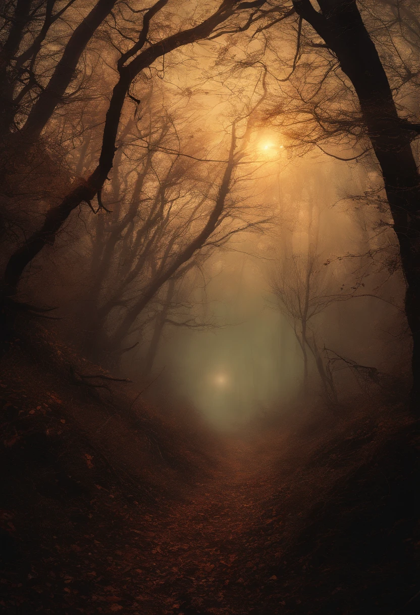 (best quality,4k,8k,highres,masterpiece:1.2),ultra-detailed,(realistic,photorealistic,photo-realistic:1.37),haunted woods,mystical feeling,ominous,enchanted forest,dark shadows,mysterious fog,ancient trees,twisted branches,gloomy atmosphere,ethereal glow,silhouettes of creatures,dappled moonlight,whispering winds,Eldritch magic,haunting spirits,unearthly presence,ghostly apparitions,eerie sounds,crunching leaves underfoot,tangled vines,shimmering mist,enchanted whispers,distant howls,ominous silence,spiderwebs glistening with dew,moonlit path,hidden secrets,lost souls wandering,Limbo realm,void between worlds,senses heightened,heart pounding,thrilling anticipation,supernatural aura,uncanny stillness,dark rituals,otherworldly energy,cloaked figures,whispering trees,occult symbols,haunting echoes