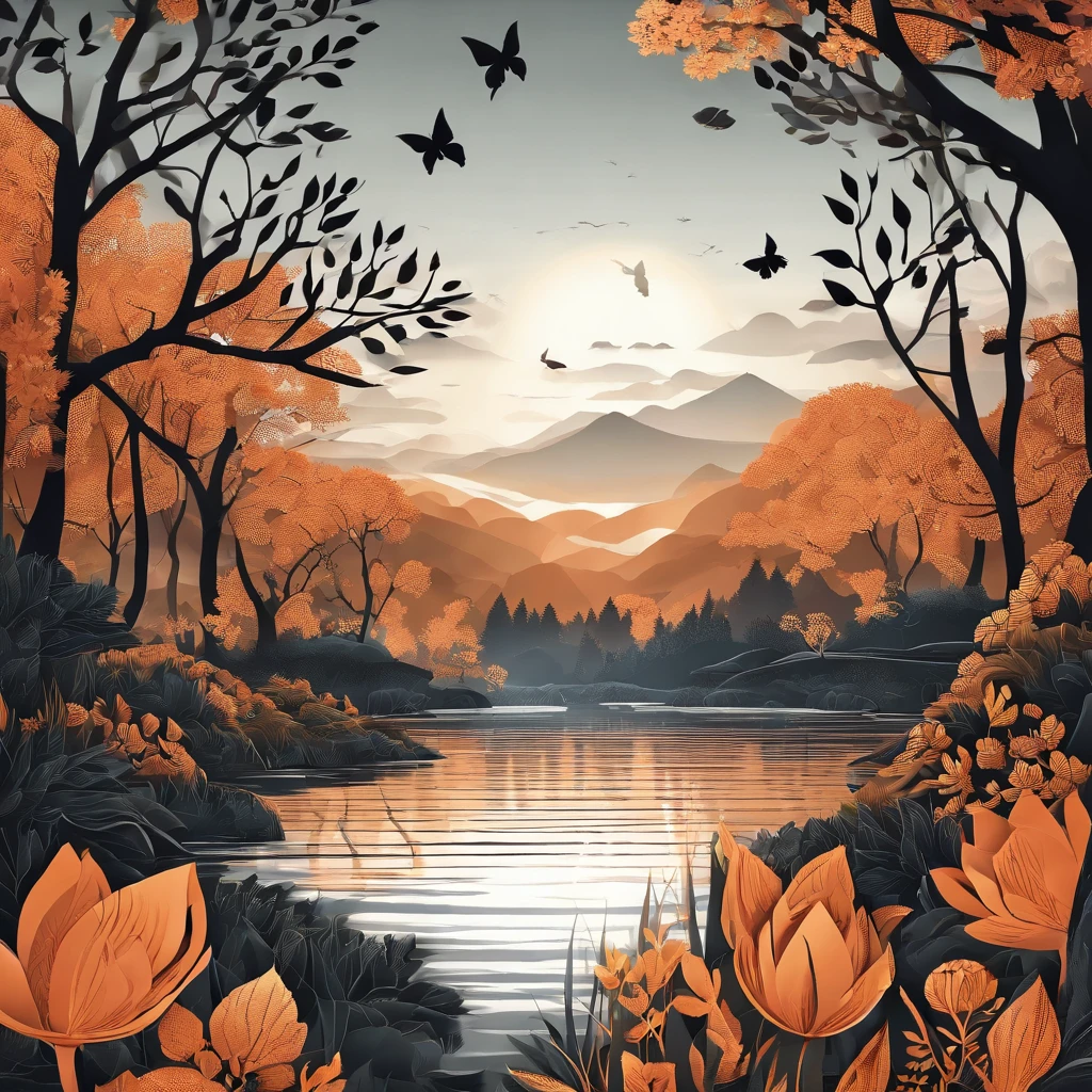 (best quality,4k,highres,masterpiece:1.2),ultra-detailed,realistic,hdr,dreamy orange and black pastel color palette,intricate paper art style illustration,forest,river running,colorful butterflies,dense foliage,vibrant flowers,towering trees,sunlight filtering through the leaves,peaceful atmosphere,reflection on the water,serene ambiance,soft lighting,dream-like,ethereal scenery,magical and enchanting environment.