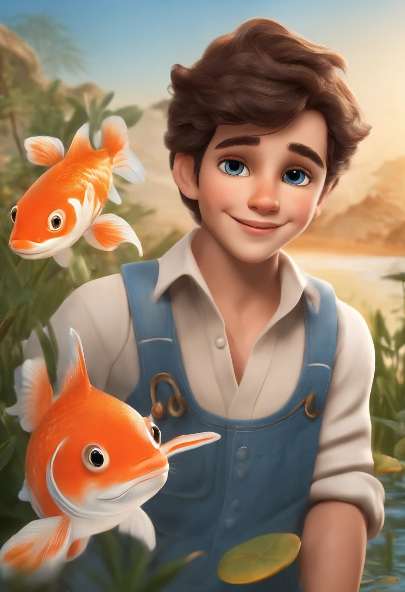qualidade de imagem do filme,Disney Animation Style,A boy swims in the sea with a koi in his arms,cabelo curto e detalhado,Denim suspenders,Bare feet,profundidade de campos,Luz alta,luz real,Traching de raias,oc renderizado,hyper-realistic,melhor qualidade,8k,Obras de mestres,super-fino,pelos pubianos detalhados,anatomia correta,sharp focus on eyes,Bokeh,Facial features are carefully described