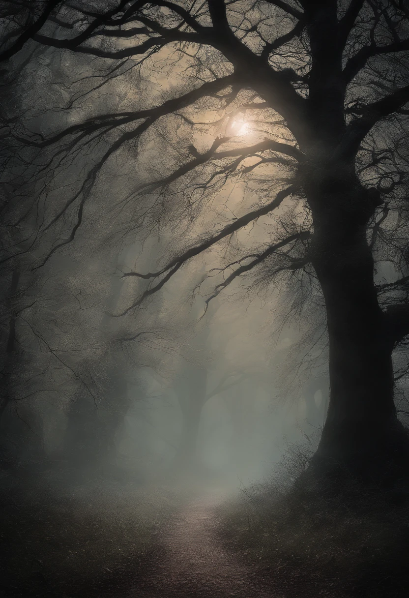 (best quality,4k,8k,highres,masterpiece:1.2),ultra-detailed,(realistic,photorealistic,photo-realistic:1.37),haunted woods,mystical feeling,ominous,enchanted forest,dark shadows,mysterious fog,ancient trees,twisted branches,gloomy atmosphere,ethereal glow,silhouettes of creatures,dappled moonlight,whispering winds,Eldritch magic,haunting spirits,unearthly presence,ghostly apparitions,eerie sounds,crunching leaves underfoot,tangled vines,shimmering mist,enchanted whispers,distant howls,ominous silence,spiderwebs glistening with dew,moonlit path,hidden secrets,lost souls wandering,Limbo realm,void between worlds,senses heightened,heart pounding,thrilling anticipation,supernatural aura,uncanny stillness,dark rituals,otherworldly energy,cloaked figures,whispering trees,occult symbols,haunting echoes