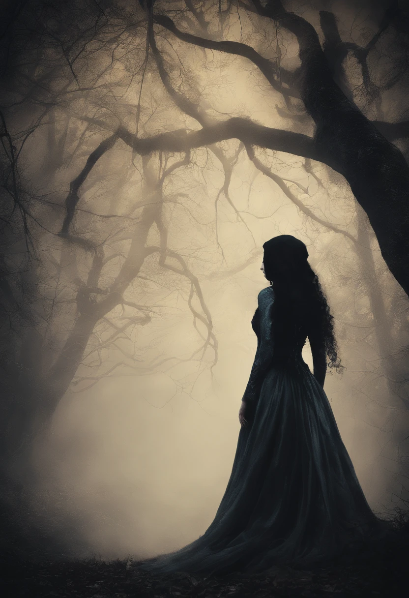 (best quality,4k,8k,highres,masterpiece:1.2),ultra-detailed,(realistic,photorealistic,photo-realistic:1.37),haunted woods,mystical feeling,ominous,enchanted forest,dark shadows,mysterious fog,ancient trees,twisted branches,gloomy atmosphere,ethereal glow,silhouettes of creatures,dappled moonlight,whispering winds,Eldritch magic,haunting spirits,unearthly presence,ghostly apparitions,eerie sounds,crunching leaves underfoot,tangled vines,shimmering mist,enchanted whispers,distant howls,ominous silence,spiderwebs glistening with dew,moonlit path,hidden secrets,lost souls wandering,Limbo realm,void between worlds,senses heightened,heart pounding,thrilling anticipation,supernatural aura,uncanny stillness,dark rituals,otherworldly energy,cloaked figures,whispering trees,occult symbols,haunting echoes