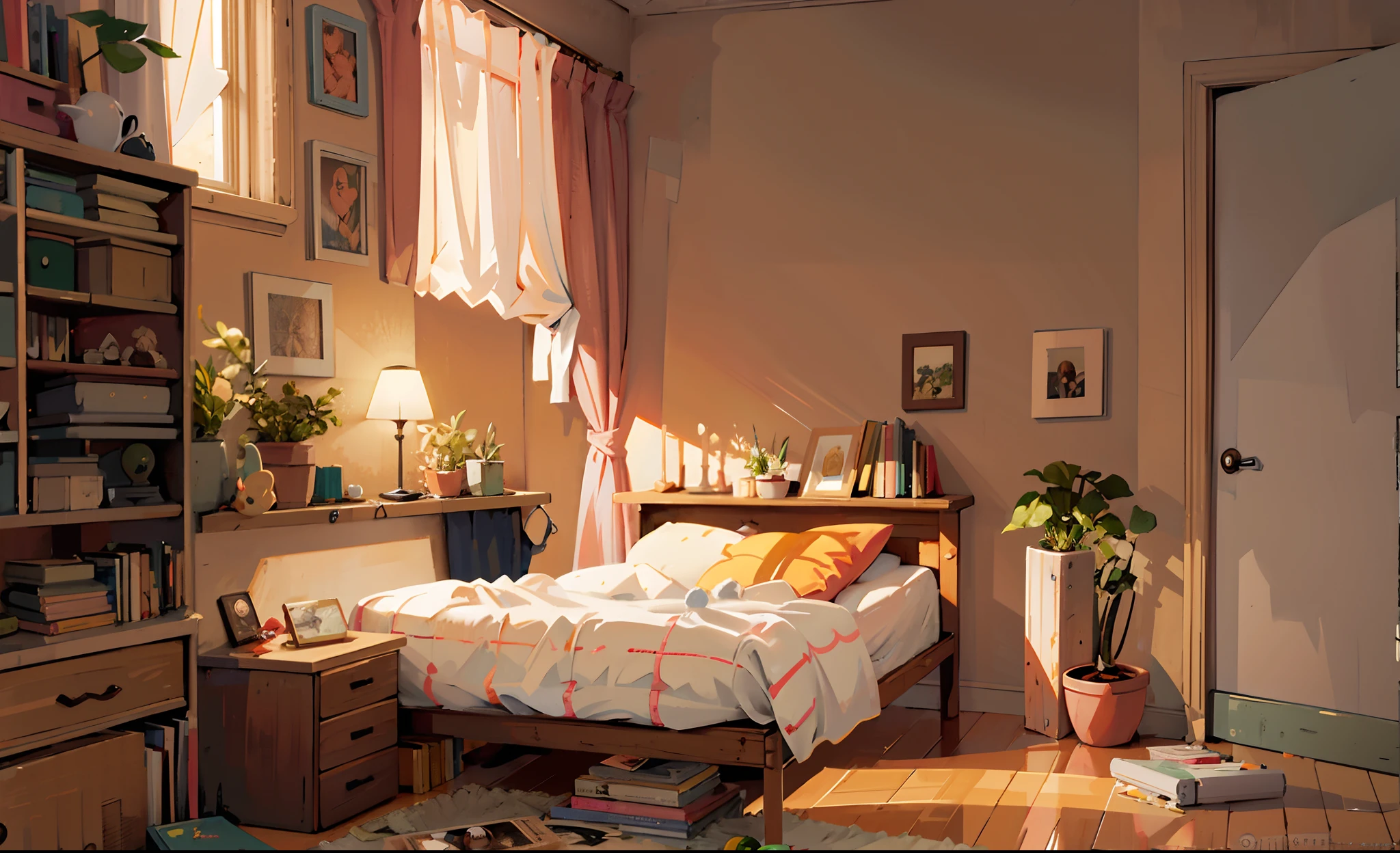 there is a bed in a room with a book shelf and a desk, a sunny bedroom, Realistic afternoon lighting, personal room background, afternoon lighting, bedroom background, afternoon sunlight, dramatic warm morning light, photorealistic room, interior background art, cozy room, dimly lit bedroom, bedroom in studio ghibli, golden hour sunlight, warm lighting with cool shadows, Soft morning lighting