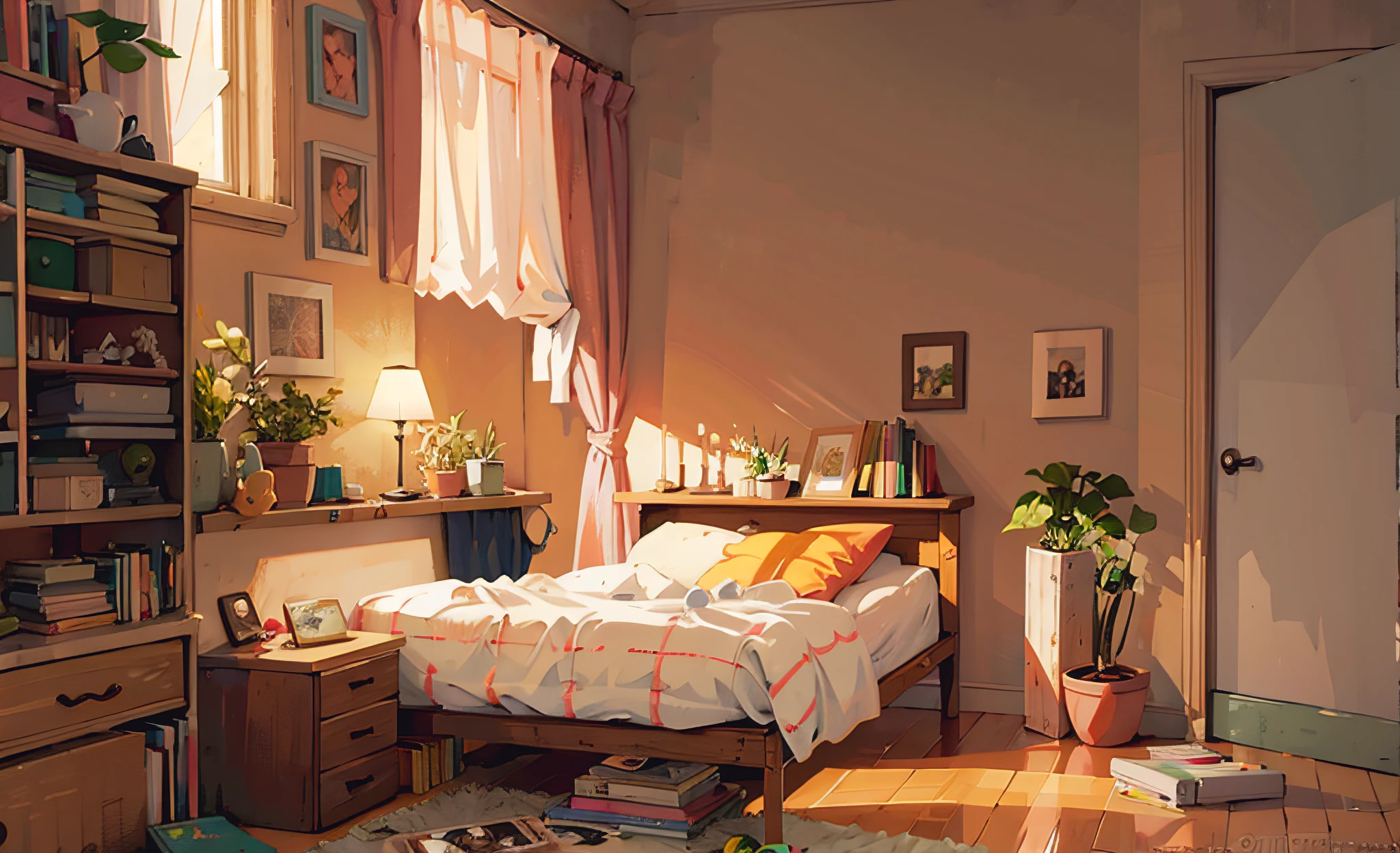 there is a bed in a room with a book shelf and a desk, a sunny bedroom, Realistic afternoon lighting, personal room background, afternoon lighting, bedroom background, afternoon sunlight, dramatic warm morning light, photorealistic room, interior background art, cozy room, dimly lit bedroom, bedroom in studio ghibli, golden hour sunlight, warm lighting with cool shadows, Soft morning lighting