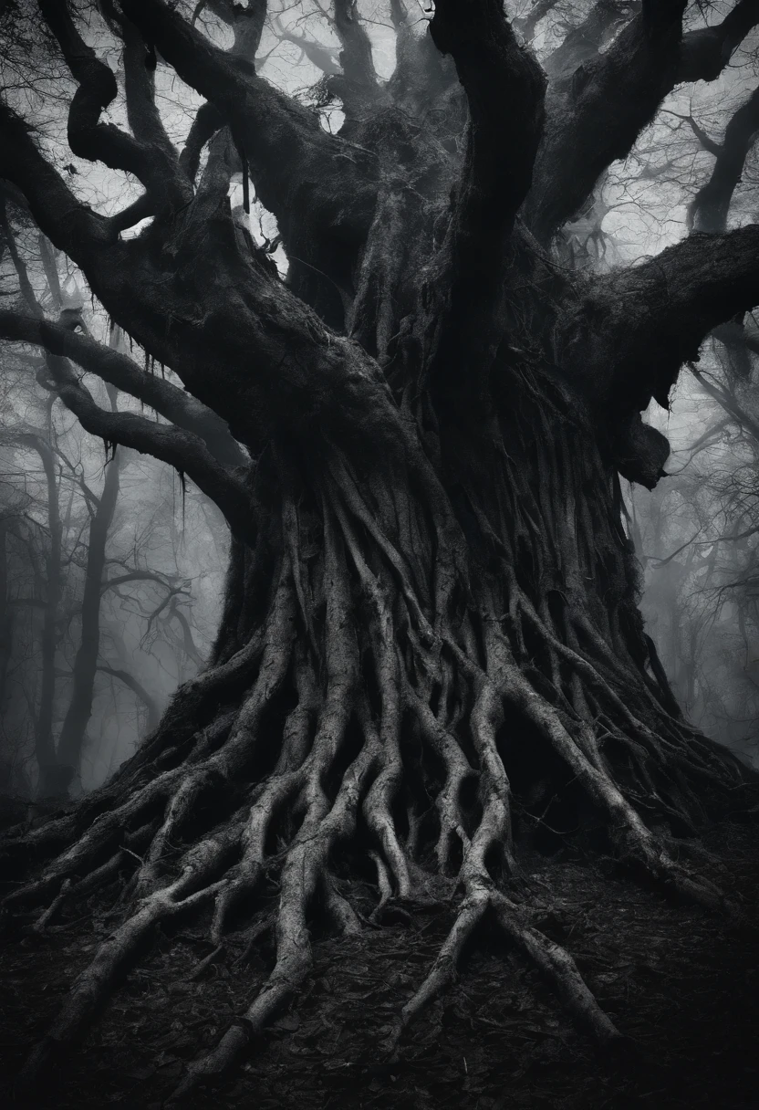 A giant tree in the dark forest,Bodies hang from tree branches,There is a huge terrifying human face on the tree
