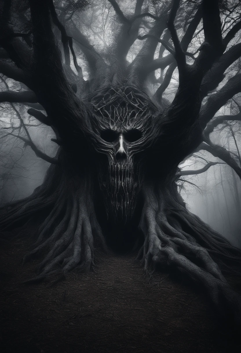 A giant tree in the dark forest,Bodies hang from tree branches,There is a huge terrifying human face on the tree