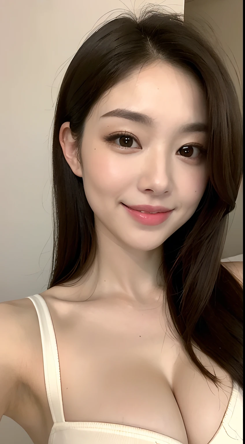 ((Realistic light、Top image quality、8K、​masterpiece:1.3))、1girl in、Slim figure beauty:1.4、Brown hair、((ultra-fine breasts:1.3))、Off-shoulder cut top:1.3、Super Detailed Face、detailedeyes、双眼皮、Own room、A smile、cleavage of the breast、Sagging milk、((droopy chest))、((Beautie))、however、When my morning hair is a mess、I'm hot