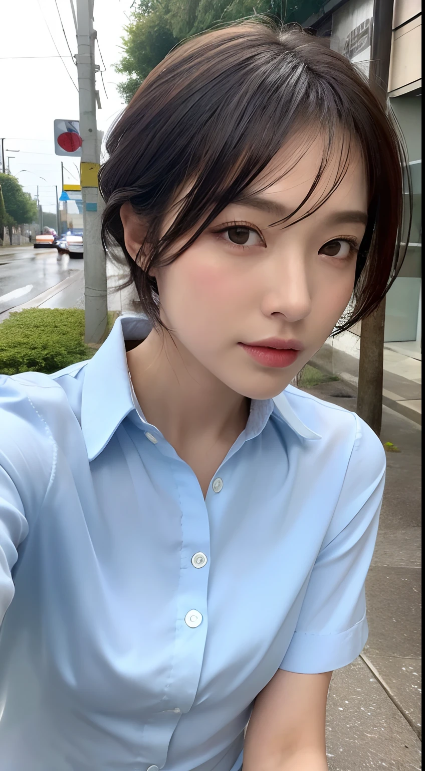 ((of the highest quality, 8K, masutepiece: 1.3)), Sharp Focus: 1.2, A beautiful woman with perfect body: 1.4, Slim abdomen: 1.2, ((Layered Haircut, Small: 1.2)), (No bra) (Small beautiful hard ) (Thin moist buttons up to shirt length: 1.1), (White shirt wet from rain), (Rain, Street: 1.2), Wet body: 1.1, Highly detailed face and skin texture, Detailed eyes, Double eyelids,