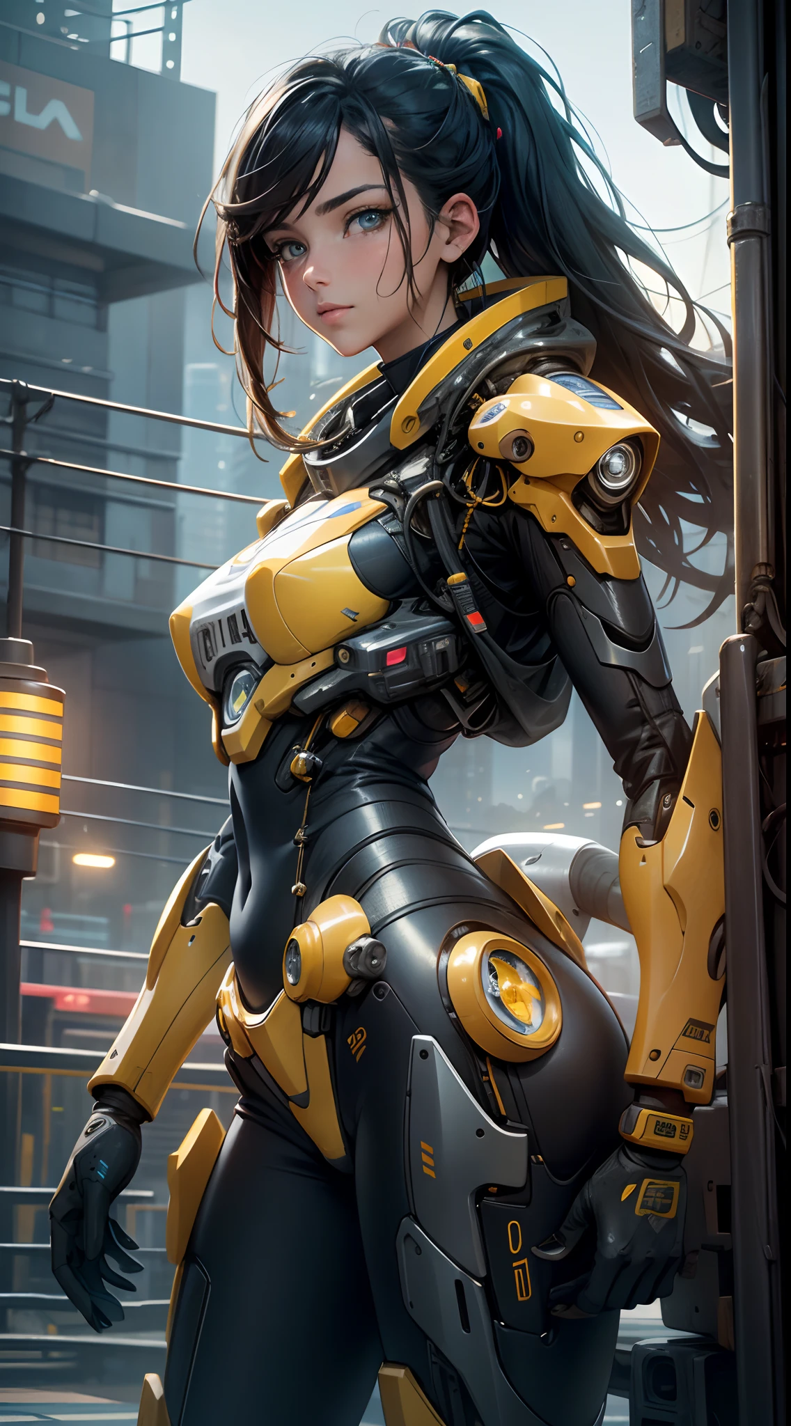 Hermosa mujer, best quality,masterpiece,realistic,sky,night,1man, yellow mecha_robot,relic scenes,cyberpunk,school of fish,(neon lights:0.7),rim lighting,transformers style,hermosos ojos detailed:1.4, Cara detailed:1.4,fondo azul:1.4,motor irreal:1.4,UHD,La mejor calidad:1.4, fotorrealista:1.4, textura de la piel:1.4, obra maestra:1.8,detailed:1.4