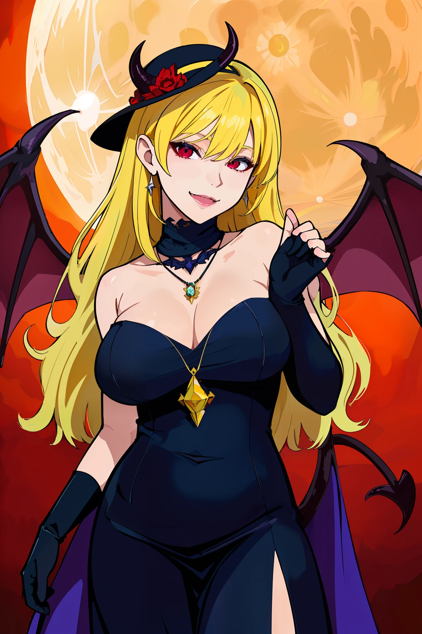 (Best Quality,4K,8K,hight resolution,masutepiece:1.2),Ultra-detailed,(Realistic,Photorealistic,Photorealsitic:1.37),Succubus,Demon Horns,Demon Wings,demon tail,Illustration,Black chiffon dress with cape,Long Satin Gloves,Moon-shaped pendant,Crystal Wand,Pointy hat