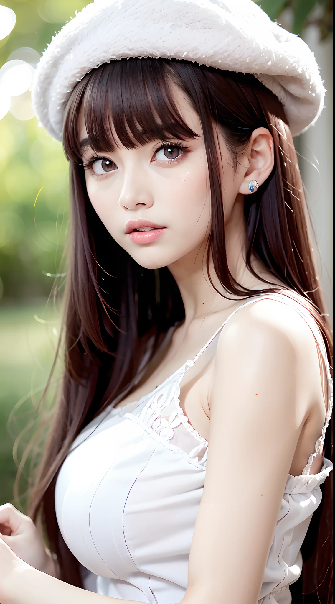 1womanl, up of face, mideum breasts, light brown hair, Blunt bangs, hair behind ear, hair over shoulder, Long hair, slender body shape, Ultra Fine Face, Thin face, Delicate lips, Beautiful eyes, thin blush, eyes are light brown, perfect glossy skin, flawless skin, Glistening sweat,View here, Ultra-thin hands, Ultra-fine fingers, best ratio four finger and one thumb, (realisitic:1.3), Finger Extensions, See-through white blouse. White beret,, Broad-leaved forest, One-person viewpoint, Fuji Film, F/1.2, 8K, masutepiece, nffsw, Super Detail, High quality, Best Quality, hight resolution,