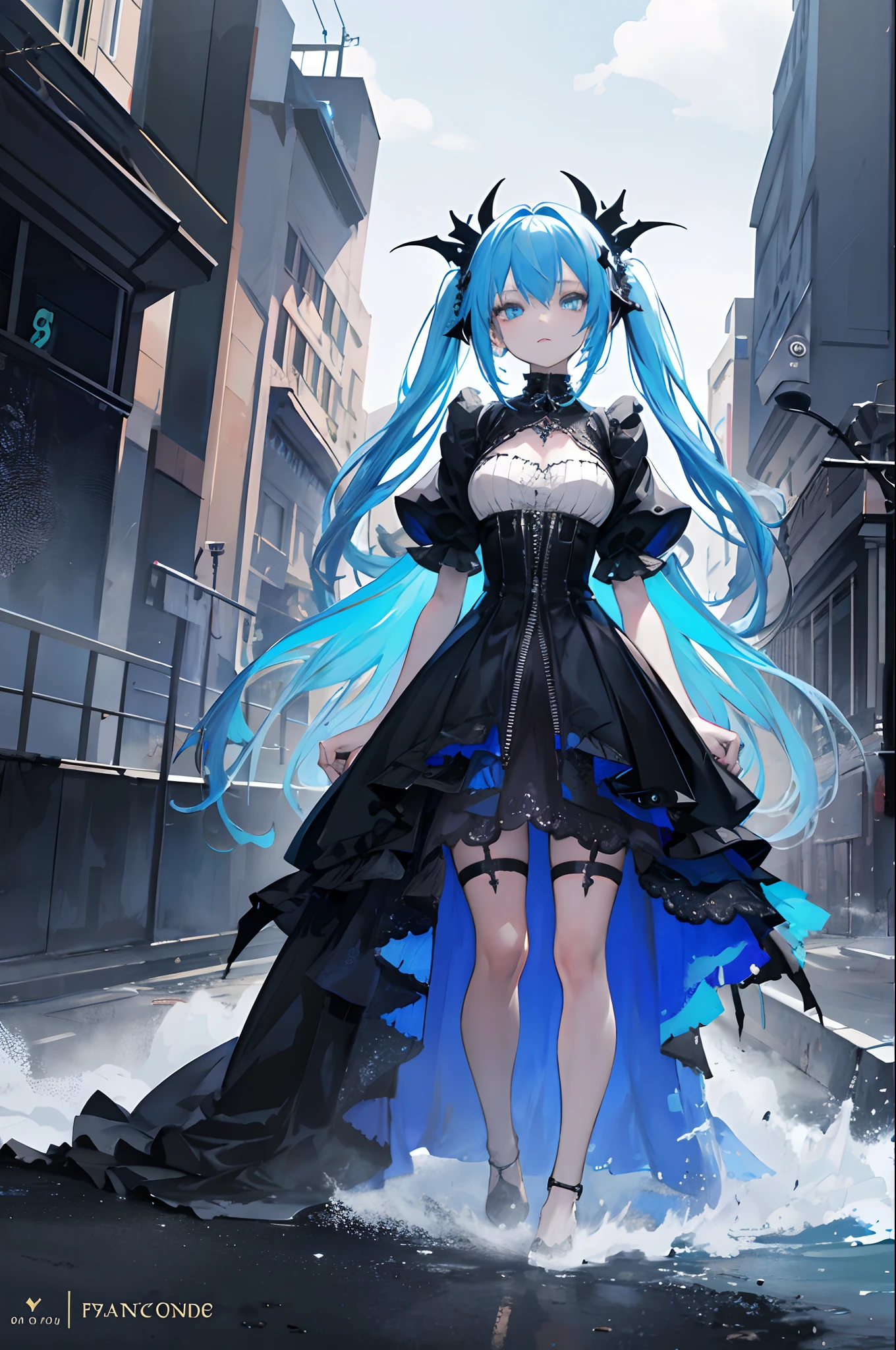 Girl about in gothic dress with light blue hair, fantasy, casual, gothic fashion, zipper, tag, full body, three views .Make a masterpiece. When world collide. swirling liquid cloud colour paint, Paint drip, in the style of triple exposure photography. Unreal, octane render, vibrant striking colours, extremely cinematic, very powerfull photography, national geographic photography.