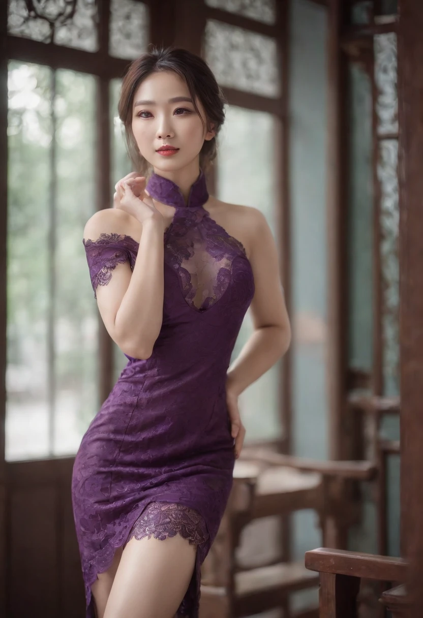 girl,1 person,Ultra-clear face,Body parts,8k wallpaper,big breasts beautiful,Highest HD,realisticlying,Full body photo,dynamicposes,Skin details HD,Large chest,with a well-proportioned body,Tong,Purple lace stockings,China Cheongsam,Wear stiletto heels,big assa,On shady streets,eyes with brightness,lovemaking
