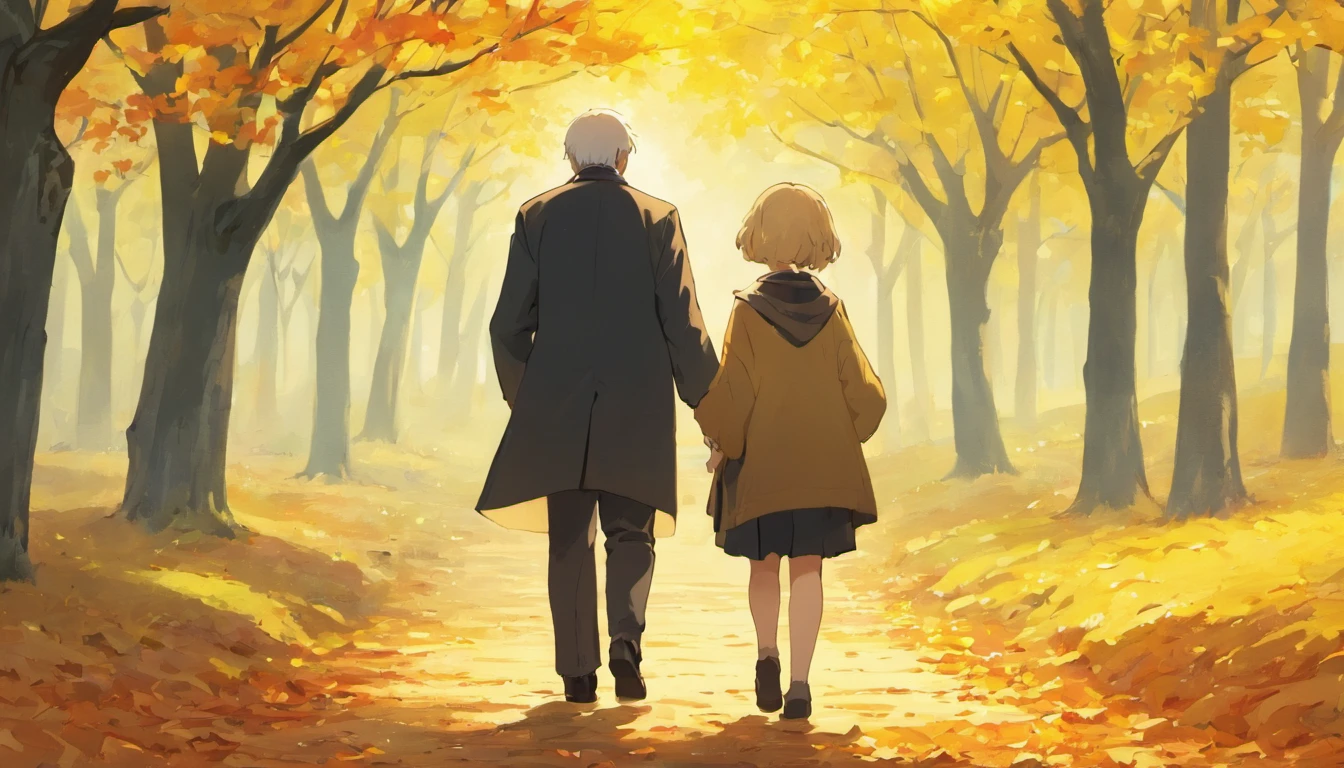Under the tree,(A old man)Pull the child,taking a walk,autumnal,