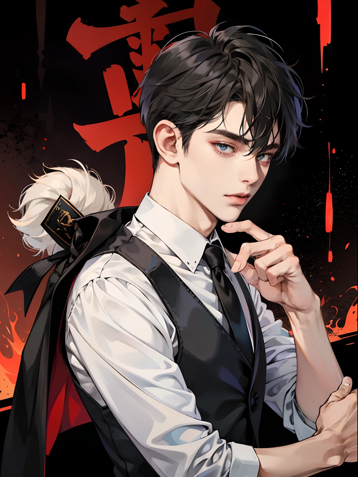 1boy,10 talents、(Man's :2) ,Handsome boy,A dark-haired、tattooed、(Upper body:1.5)、knifes、suit、mid night 、ink and watercolor painting、Chinese charactersa、dark ilumination、hightquality、masutepiece,8K,Bartender guy, fringe hairstyle, red eye color, bartender guy, wearing bartender suit, black hair fringe style, [[[red eye color]]]