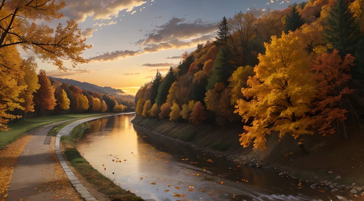 tmasterpiece，Colored clouds，autumnal，Golden leaves，Fallen leaves falling in the air，Sunset at dusk，riverbank，Scenic beauty，(The tree:-1)hdr，UHD resolution