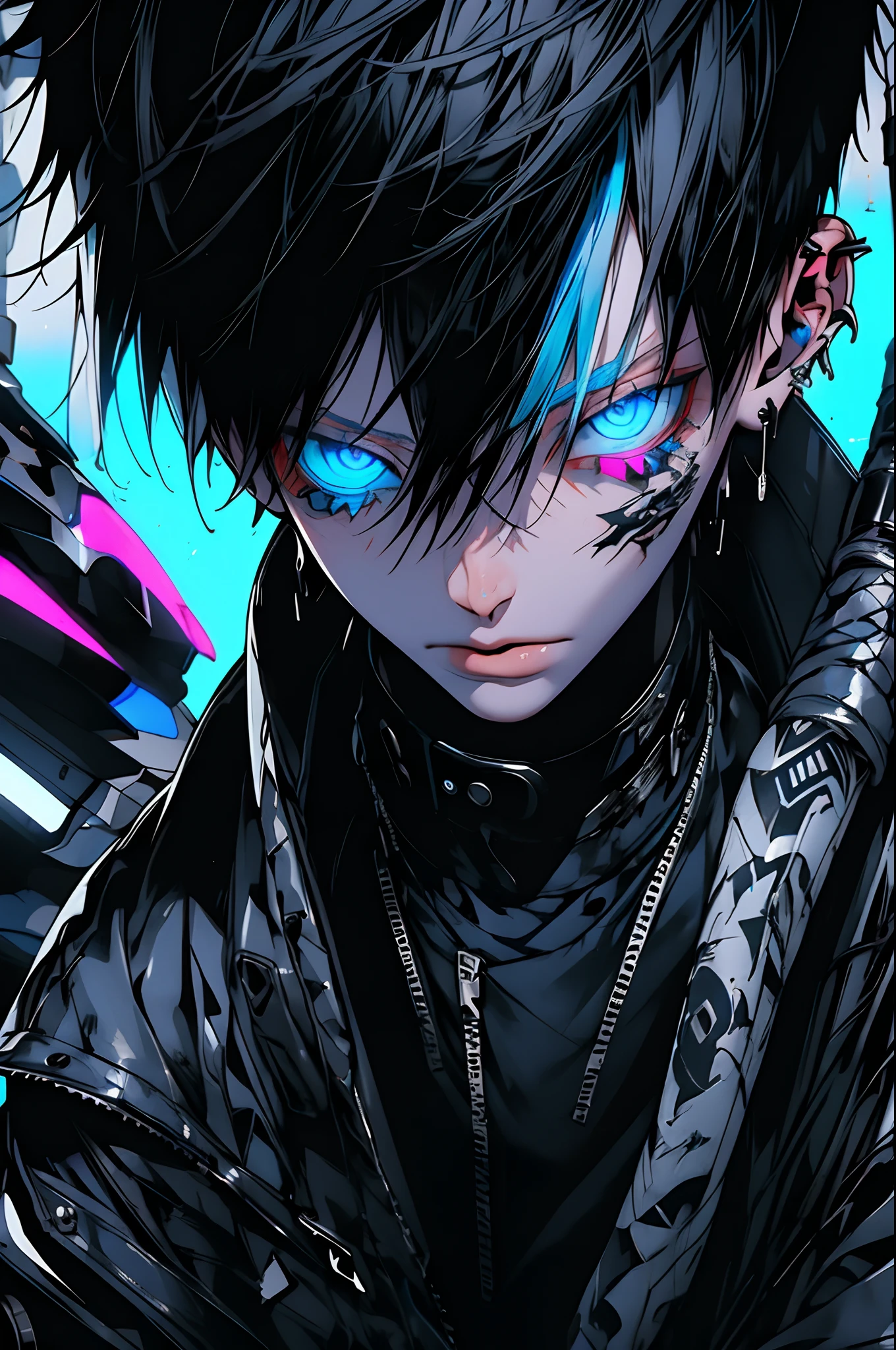 Anime boy with blue eyes and black hair and a black jacket - SeaArt AI