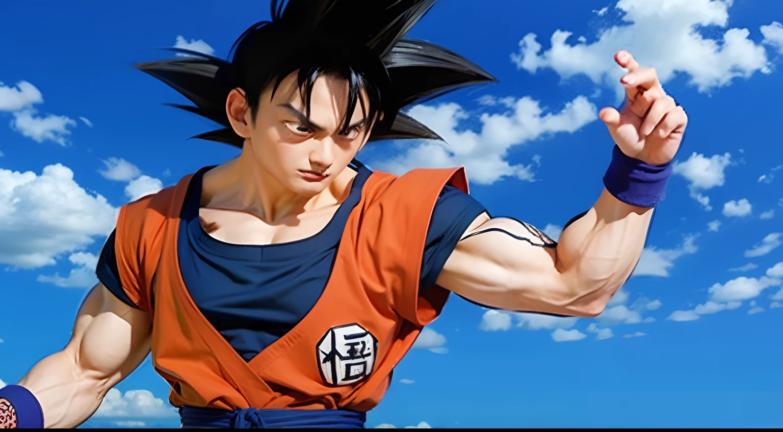 Goku: asian man, black hair, orange shirt with blue edges, muscular