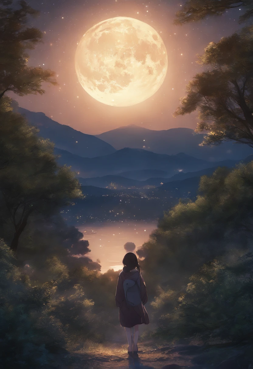 Highly concentrated beauty,Through the sky, Starry Moon Painting, concept art inspired by Tosa Mitsuoki, Pixiv competition winner, Best quality, Fantasy art, beautiful anime scenes, A bright moon, Starry sky environment in moonlight, Dream painting, Anime background art, dream scenery art, Fantastic night, anime backgrounds, background artwork, dreamlike art, Atmospheric anime, Starry sky, Detail enhancement.