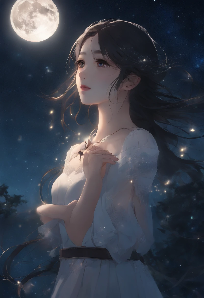 Highly concentrated beauty,Through the sky, Starry Moon Painting, concept art inspired by Tosa Mitsuoki, Pixiv competition winner, Best quality, Fantasy art, beautiful anime scenes, A bright moon, Starry sky environment in moonlight, Dream painting, Anime background art, dream scenery art, Fantastic night, anime backgrounds, background artwork, dreamlike art, Atmospheric anime, Starry sky, Detail enhancement.
