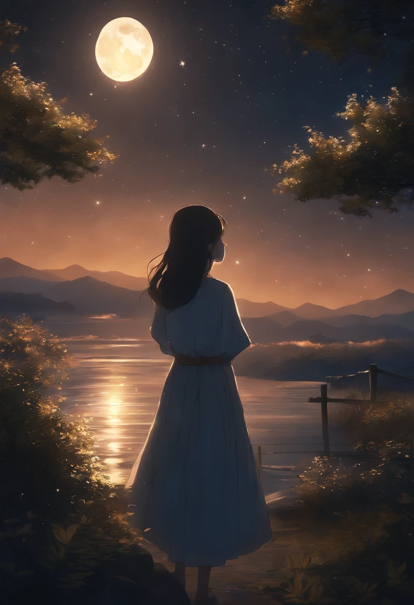 Highly concentrated beauty,Through the sky, Starry Moon Painting, concept art inspired by Tosa Mitsuoki, Pixiv competition winner, Best quality, Fantasy art, beautiful anime scenes, A bright moon, Starry sky environment in moonlight, Dream painting, Anime background art, dream scenery art, Fantastic night, anime backgrounds, background artwork, dreamlike art, Atmospheric anime, Starry sky, Detail enhancement.