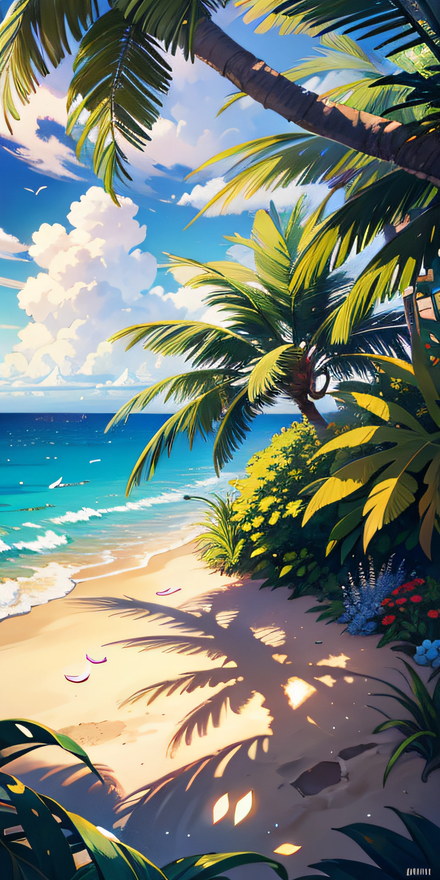 A painting of a beach with palm trees and a blue ocean - SeaArt AI