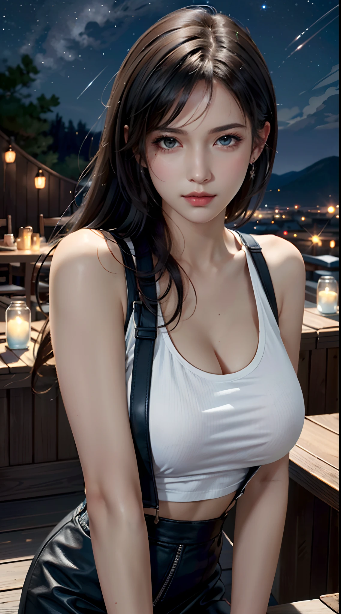 Trends on ArtStation, Trends on CGSociety, Intricate, High Detail, Sharp Focus, Dramatic, starry night sky, Tifa Lockheart of Final Fantasy, Tifa's original Final fantasy 7 costume, 25 years old, mature looking, Realistic Art of Drawing by Midjourney and Greg Rutkowski, Sketch, Masterpiece, Best Quality, Very Detailed, 1female, Half-body, head to bust image scope, buts portrait, close-up shot, white tank top and black leather skirt, standing position, Beautiful Meticulous Eyes, Cute Face, Bust, big bossoms, Beautiful Meticulous Face, White Hair, (Botanical Illustration: 1.5), no pornographical exposure, bigger breasts