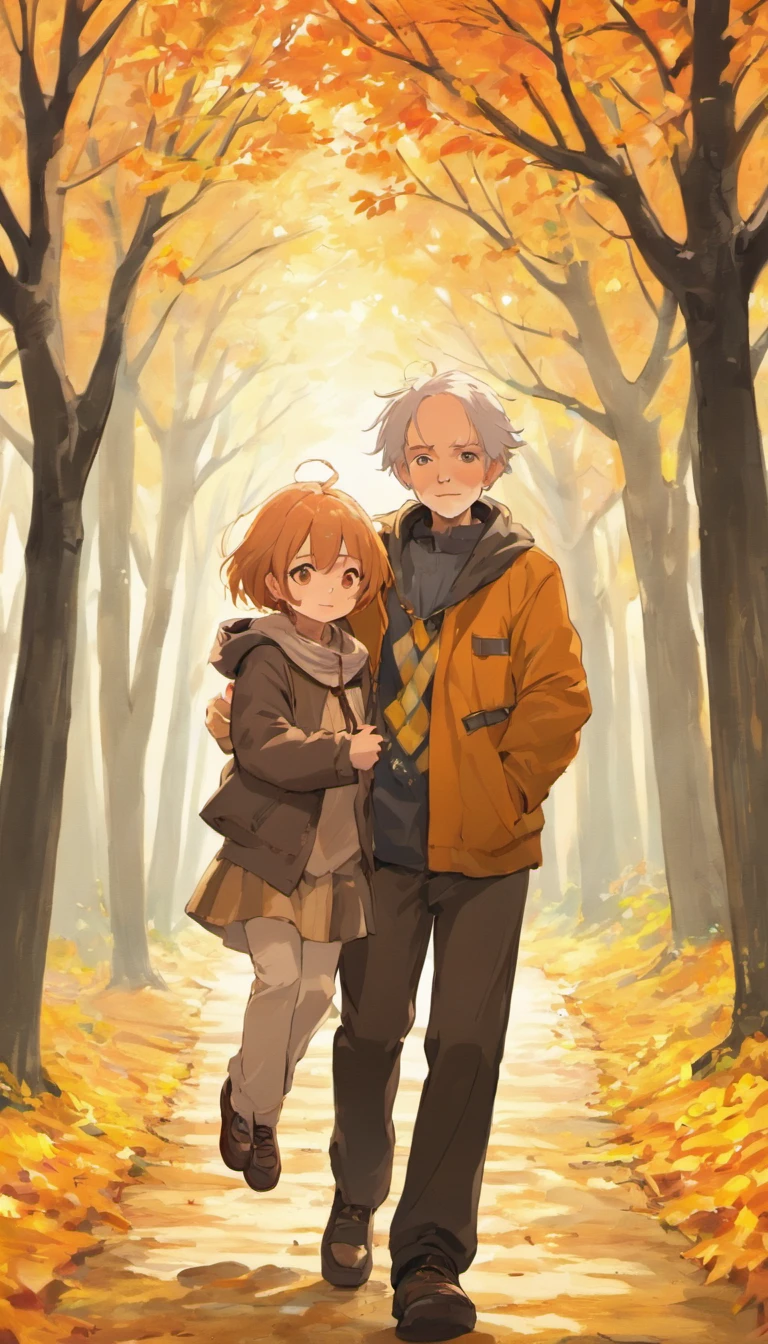 Under the tree,(A old man)Pull the child,taking a walk,autumnal,