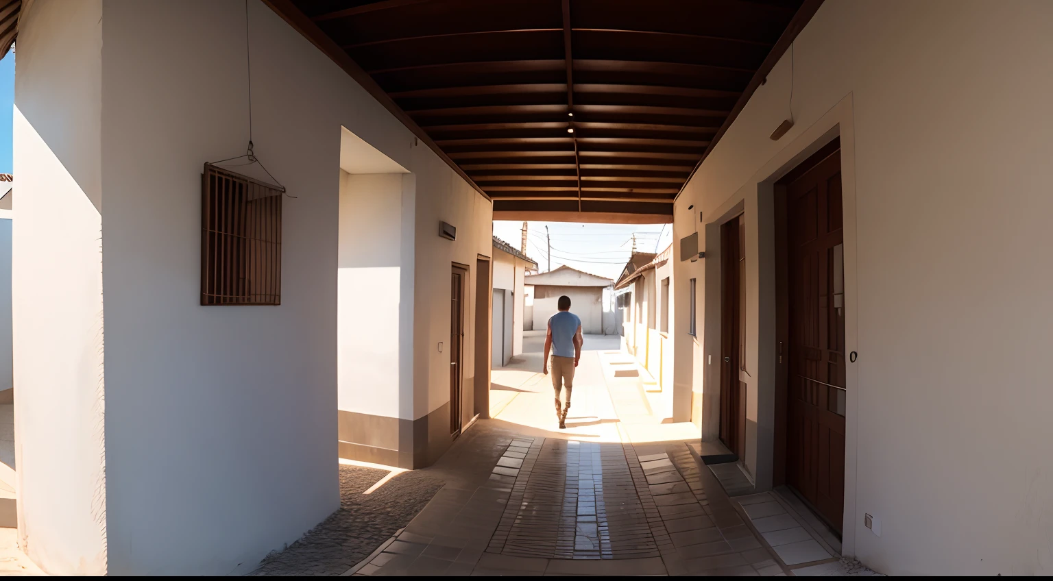 panorama view, un hombre, saliendo de su casa, con remera completamente blanca