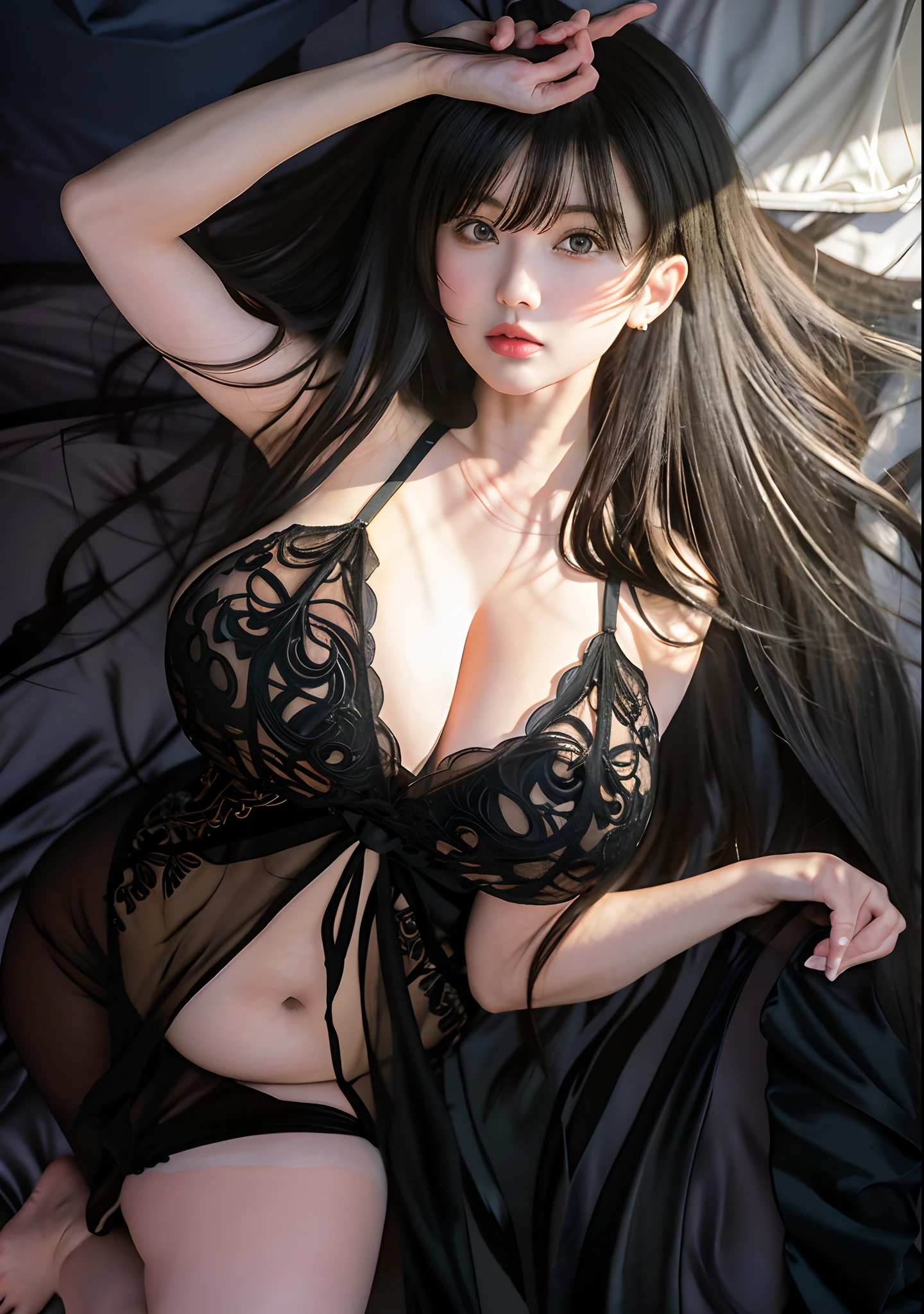 anime - style image of a woman in a black dress transparent laying on a bed, kiss face, big breasts, big thigh, big thicc, big ass, seductive anime girl, anime girl wearing a black dress transparent, anime moe artstyle, beautiful alluring anime woman, from girls frontline, milf in dress, marin kitagawa fanart, beautiful anime woman, (anime girl), fine details. girls frontline, anime girl with long hair, big curvy milf, beautiful anime girl