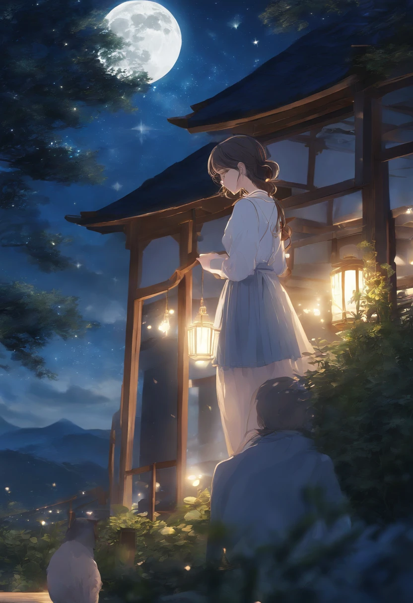 Highly concentrated beauty,Across the sky, Starry Moon Painting, concept art inspired by Tosa Mitsuoki, Pixiv competition winner, Best quality, Fantasy art, beautiful anime scenes, A bright moon, Starry sky environment in moonlight, Dream painting, Anime background art, dream scenery art, Fantastic night, anime backgrounds, background artwork, dreamlike art, Atmospheric anime, Starry sky, Detail enhancement.