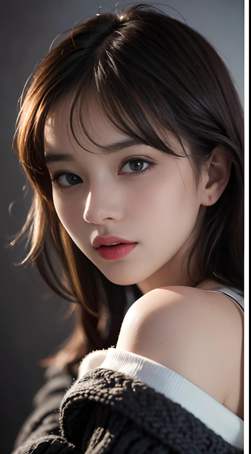 Best quality, masterpiece, ultra high res, (photorealistic:1.4), raw photo, 1girl, offshoulder, in the dark, deep shadow, low key, cold light