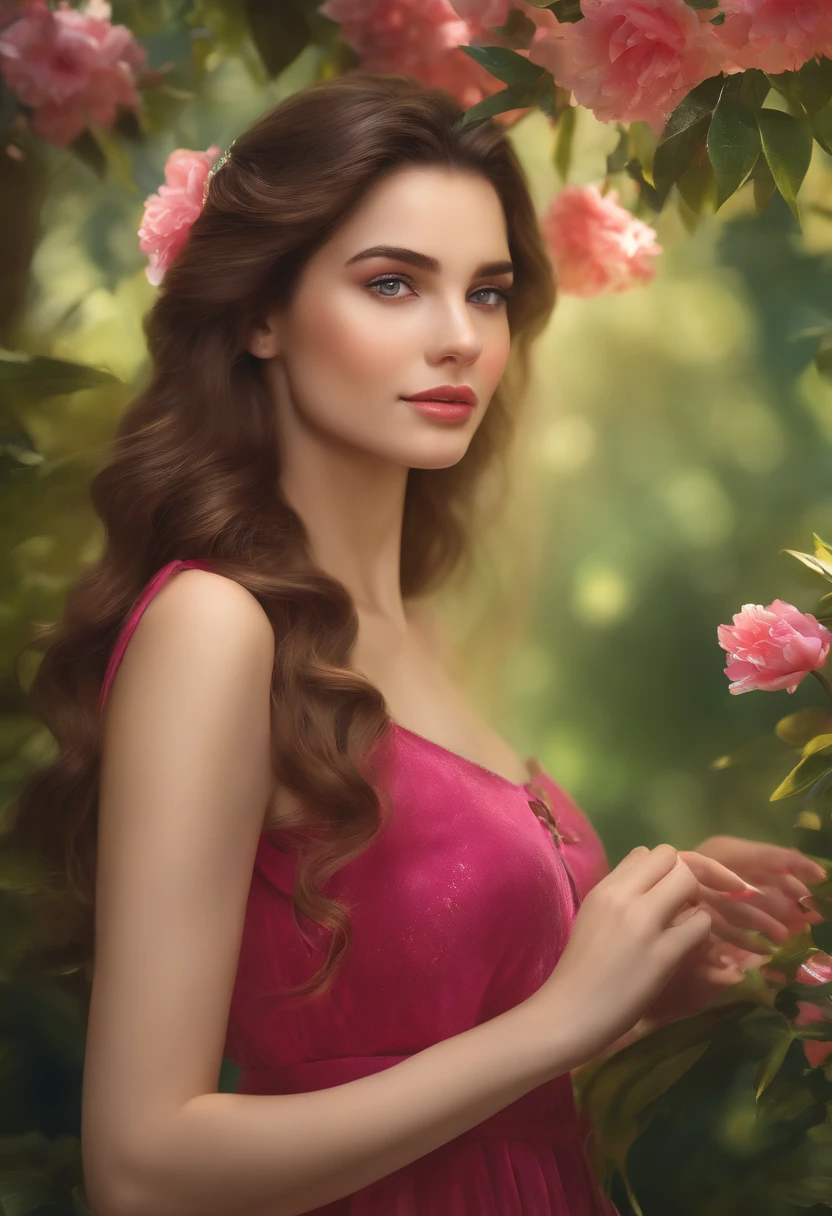 (best quality,4k,8k,highres,masterpiece:1.2),ultra-detailed,(realistic,photorealistic,photo-realistic:1.37),beautiful,energetic, vibrant girl, with flawless skin, bright expressive eyes,(long eyelashes:1.1) and naturally pink lips, immersed in a lush garden, surrounded by blooming flowers and vibrant greenery. The girl is wearing a flowing, ethereal dress, which perfectly complements the natural beauty of the scene. The sunlight gently filters through the leaves and casts a warm, golden glow on the girl's face, creating a serene and dreamlike atmosphere. The painting exhibits a mix of traditional oil painting techniques and modern digital rendering, resulting in a mesmerizing blend of textures and colors. The use of vibrant and harmonious colors adds a touch of fantasy and enchantment to the artwork, evoking a sense of joy and youthfulness. The composition and perspective of the painting accentuate the girl's elegance and grace, while the fine details capture her lively and spirited nature. Overall, the artwork exudes a sense of timeless beauty and captures the essence of youth and vitality.