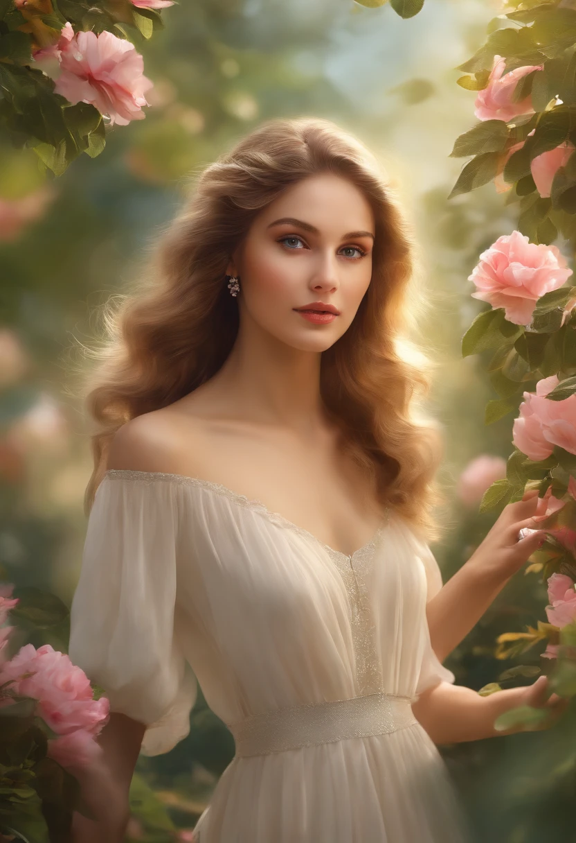 (best quality,4k,8k,highres,masterpiece:1.2),ultra-detailed,(realistic,photorealistic,photo-realistic:1.37),beautiful,energetic, vibrant girl, with flawless skin, bright expressive eyes,(long eyelashes:1.1) and naturally pink lips, immersed in a lush garden, surrounded by blooming flowers and vibrant greenery. The girl is wearing a flowing, ethereal dress, which perfectly complements the natural beauty of the scene. The sunlight gently filters through the leaves and casts a warm, golden glow on the girl's face, creating a serene and dreamlike atmosphere. The painting exhibits a mix of traditional oil painting techniques and modern digital rendering, resulting in a mesmerizing blend of textures and colors. The use of vibrant and harmonious colors adds a touch of fantasy and enchantment to the artwork, evoking a sense of joy and youthfulness. The composition and perspective of the painting accentuate the girl's elegance and grace, while the fine details capture her lively and spirited nature. Overall, the artwork exudes a sense of timeless beauty and captures the essence of youth and vitality.