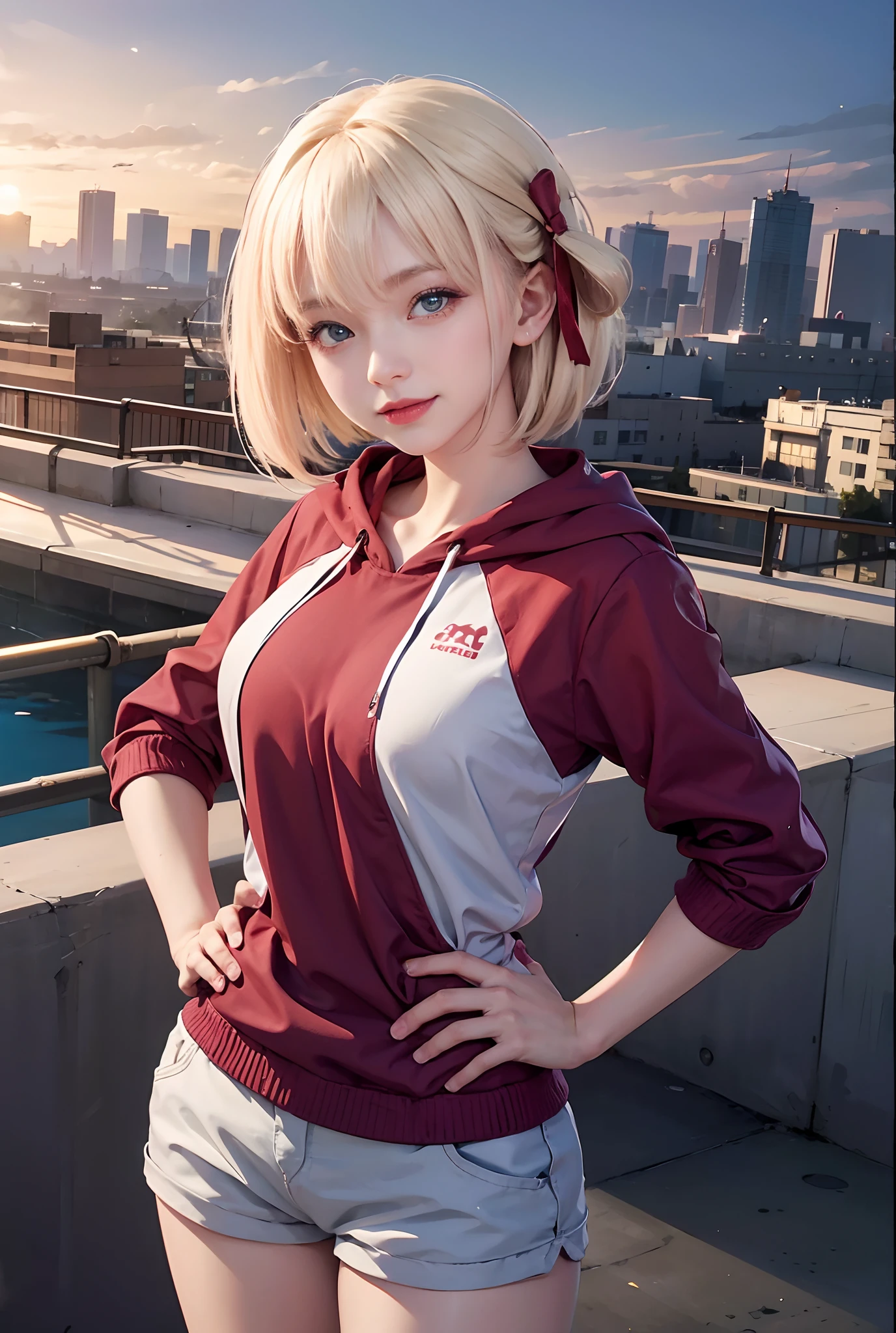 1 girl, ((17 years old)), chisatonishikigi, nishikigi chisato, short hair, bangs, blonde hair, white hair, Very straight hair, (red eyes:1.5), hair ribbon, one side up, bob cut, BREAK shirt, long sleeves, dress, ribbon, white shirt, collared shirt, belt, neck ribbon, red dress, blue ribbon, pleated dress, grey dress, two-tone dress, red belt, lycoris uniform,, BREAK outdoors, city, BREAK looking at viewer, BREAK (masterpiece:1.2), best quality, high resolution, unity 8k wallpaper, (illustration:0.8), (beautiful detailed eyes:1.6), extremely detailed face, perfect lighting, extremely detailed CG, (perfect hands, perfect anatomy), ((Small breats)), Smile thin, (From Above),
