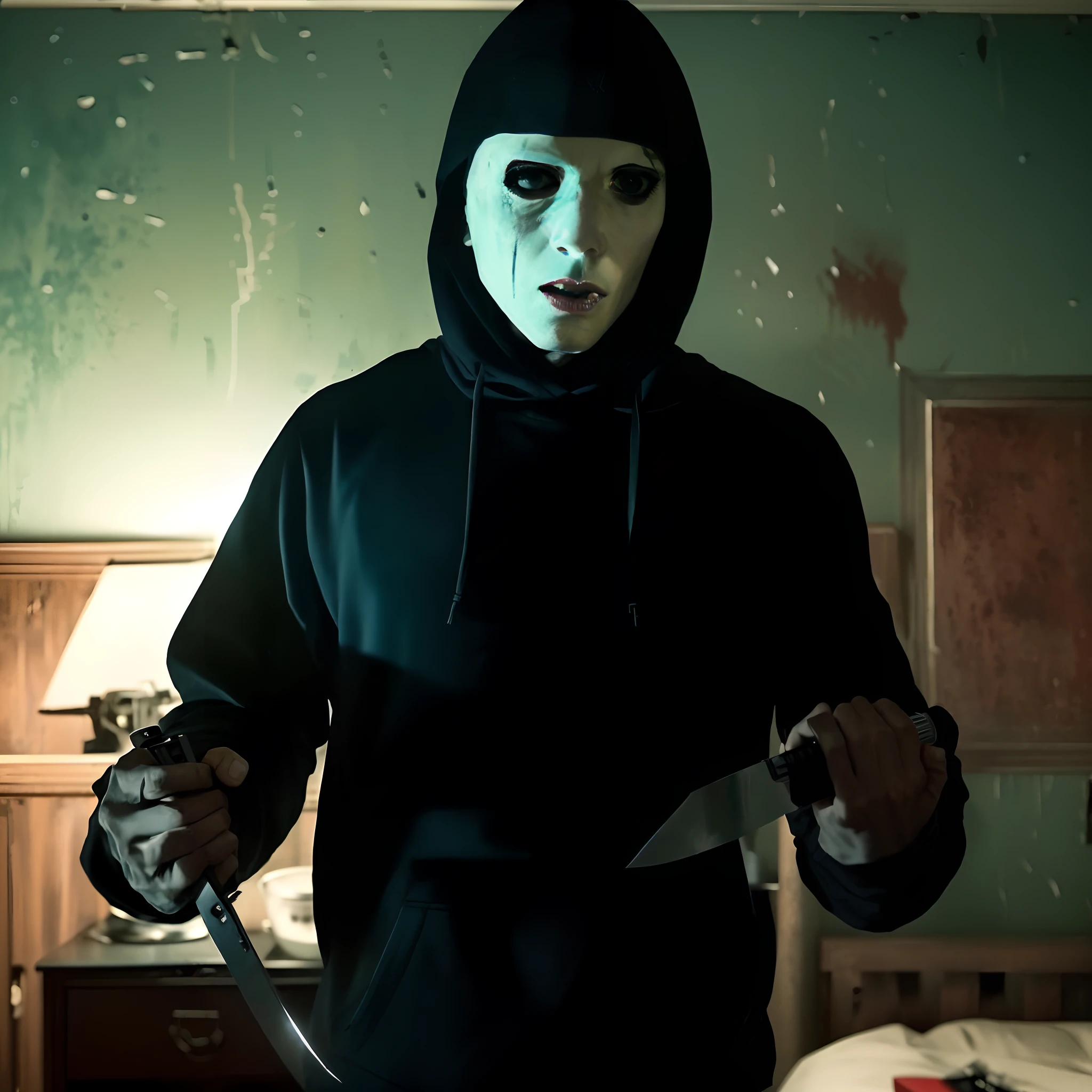 korean girl, (behind corpse, full face helmet), holding knife, stabbing, black gloves, room full of blood, black raincoat, plump girl, glamorous girl, hood up, holding knife, black gloves, behind corpse, blood splatter, 20 years old, bed room, black wet suit, night, mass murderer, killer, robbery, dark atmosphere, cinematic lighting, atmospheric realistic, light from the window close-up,